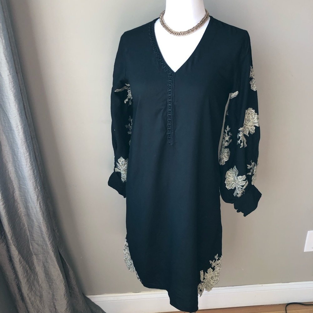 Black Lightweight Beach Cover Summer Dress Floral Embroidered Balloon Sleeves S